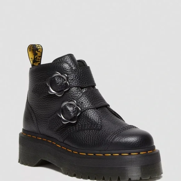 New Dr. Martens Women's Devon Flower Buckle Leather Platform Boots - Picture 1 of 8